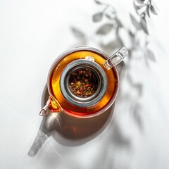 Canvas Print - Top view of a glass teapot filled with herbs and tea on a white surface