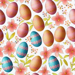 Wall Mural - Cute hand drawn Easter seamless pattern with bunnies, flowers, easter eggs, beautiful background, great for Easter Cards, banner, textiles, wallpapers 2d illustrated design