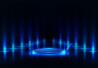 Wall Mural - 3d realistic pedestal podium with blue lighting illuminate and reflect surface on dark walk way back