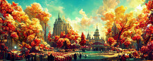 Thanksgiving Abstract City Park In Autumn Fall Colors, Landscape Banner Background AI Generated