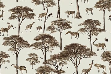 Safari Wild Animals Seamless Pattern, Hand drawn Wildlife Drawing, Antelopes and Cheetah in Desert Nature, Trees Landscape Wallpaper Design, Toile Vintage Illustration