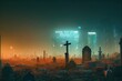 Futuristic gritty graveyard. Eerie and creepy 3D rendered computer generated image made to look like a photorealistic oil painting. Digital art outdoor background wallpaper