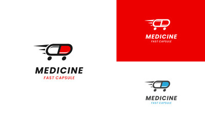 fast medicine capsule pill hospital pharmacy car delivery logo design