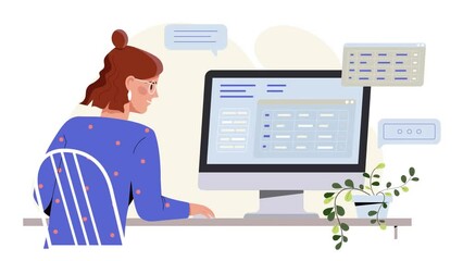 Working with big data video concept. Young moving woman programmer setting software and analyzes digital information on computer. System administration and coding. Flat graphic animated cartoon