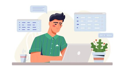 Working with big data video concept. Moving male developer or coder administers software and analyzes digital information on laptop. Programming and engineering. Flat graphic animated cartoon