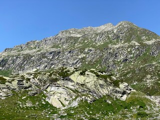 The Monte Prosa peak (2737 m) in the massif of the Swiss Alps and in the area of the mountain St. Gotthard Pass (Gotthardpass), Airolo - Canton of Ticino (Tessin), Switzerland (Schweiz)