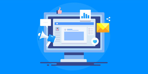 Wall Mural - social media management dashboard on computer screen, post engagement and marketing data analytics, 