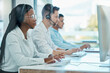 © Wesley JvR/peopleimages.com - Contact us, telemarketing and crm, black woman at computer in customer service team with headset. Help desk, call center agent or sales consultant, advisory support and consulting online in office.