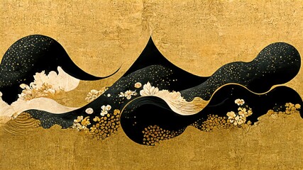 Black and gold graphics. Traditional Japanese style graphics, ukiyoe-like elegant, retro, delicate and detailed background design elements.