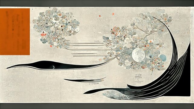 Wall Mural -  - Orange accents and flowers, chic black and silver folding screens. Elegant, retro, delicate and detailed background design elements with traditional Japanese-style graphics, ukiyoe-like.