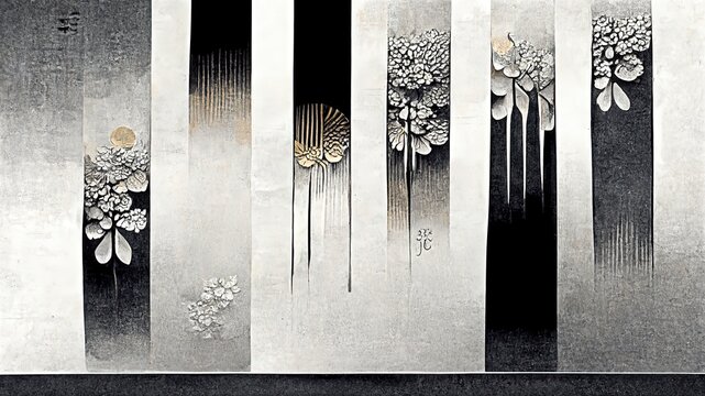Wall Mural -  - Hanging banner in the shape of a linear natural plant. Chic black and silver folding screens. Elegant, retro, delicate and detailed background design elements with traditional Japanese-style graphics,