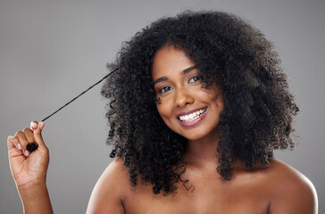 Wall Mural - Beauty, hair and face, black woman and hair care with natural hairstyle motivation and cosmetic advertising portrait. African, skincare and curly afro, makeup and cosmetology with studio background