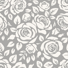Seamless pattern with beautiful vintage rose and decorative leaf silhouette on gray background. Wallpaper with white flower in old antique style. Vector stock illustration