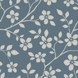Seamless pattern with beautiful vintage Sakura and decorative branch silhouette on blue background. Wallpaper with white flower in old antique style. Vector stock illustration