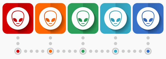 Poster - Alien face vector icons, infographic template, set of flat design symbols in 5 color options