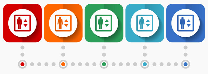 Fototapete - Elevator, lift vector icons, infographic template, set of flat design symbols in 5 color options