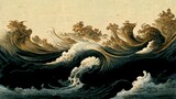 Fototapeta Londyn - dramatic wave on rough paper textures, Japanese painting