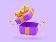 Purple open gift box surprise minimal present greeting celebration promotion discount sale reward icon 3D illustration