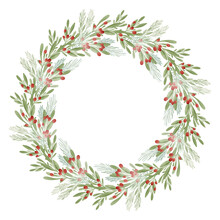 Christmas Wreath Isolated On White Watercolor Wreath With Metallic For Christmas Banner.
