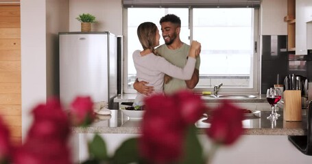 Poster - Couple, dance and cooking healthy food in kitchen together for energy, nutrition and wellness while dancing for fun, happiness and love. Man and woman relax and happy in marriage and home apartment