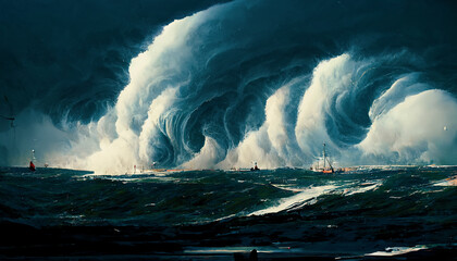 spectacular scenery of gigantic tsunami-like wave at sea and devastating strong storm. digital art 3