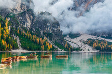 Braies Lake ( Pragser Wildsee ) In Dolomites Mountains, Sudtirol, Italy