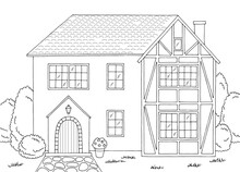 Old English House Graphic Black White Landscape Sketch Illustration Vector 