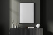 © ImageFlow - Grey gallery room interior with drawer and decoration, mockup frame