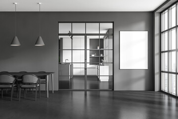 Dark kitchen room interior with empty white poster, panoramic window