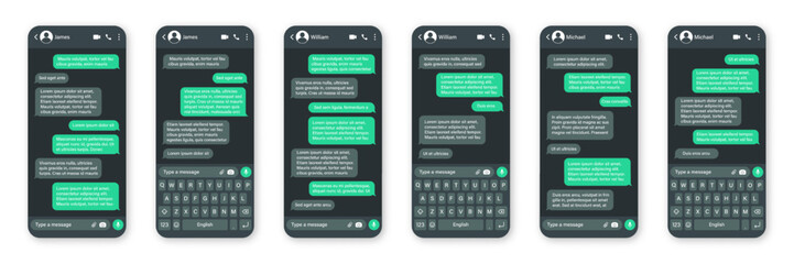 Realistic smartphone with messaging app. SMS text frame. Conversation chat screen with green message bubbles and placeholder text. Dark mode. Social media application. Vector illustration