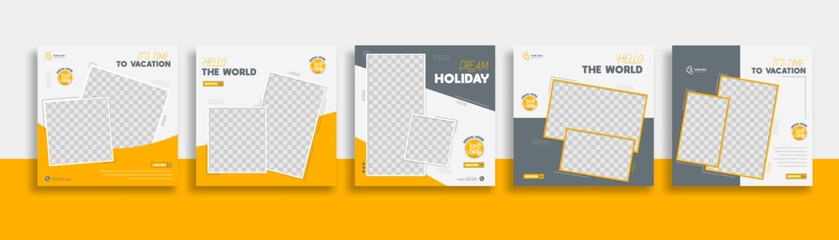 Wall Mural - travel set of editable minimal square banner template. green yellow white background color with geom