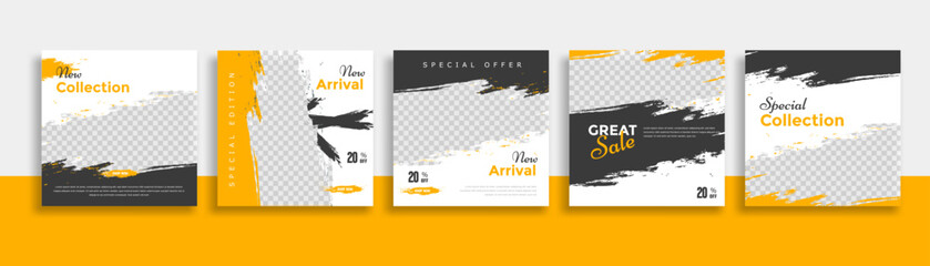 Travel Set of Editable minimal square banner template. black yellow white background color with geometric shapes for social media post, story and web internet ads. Vector illustration
