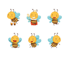 Wall Mural - Cute happy funny honey bees set. Beekeeping and apiculture cartoon vector illustration