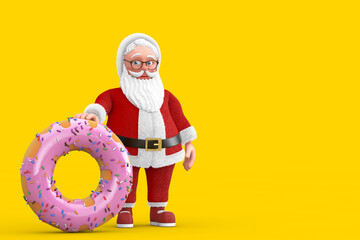 Poster - Cartoon Cheerful Santa Claus Granpa with Big Strawberry Pink Glazed Donut. 3d Rendering