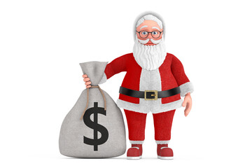 Poster - Cartoon Cheerful Santa Claus Granpa and Tied Rustic Canvas Linen Money Sack or Money Bag with Dollar Sign. 3d Rendering