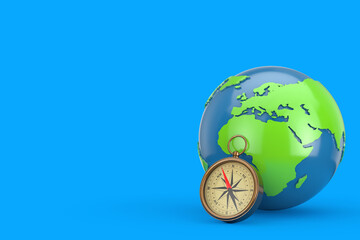 Poster - Earth Globe and Glossy Bronze Vintage Compass with Windrose. 3d Rendering