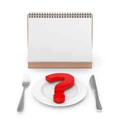 Fototapete - Desk Calendar near Fork, Knife and Plate with Question Mark. 3d Rendering