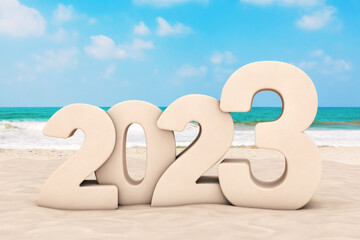 Happy 2023 New Year Concept. 2023 New Year Sign at Sunny Beach. 3d Rendering