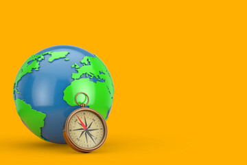 Poster - Earth Globe and Glossy Bronze Vintage Compass with Windrose. 3d Rendering