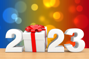 Aufkleber - 2023 New Year Sign with Gift Box and Red Ribbon. 3d Rendering