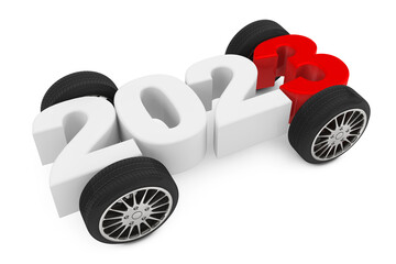 Poster - 2023 Year Concept with Car Wheels. 3d Rendering