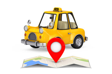 Fototapete - Yellow Cartoon Taxi Car near Folded Abstract Navigation Map with Target Map Pointer Pin. 3d Rendering