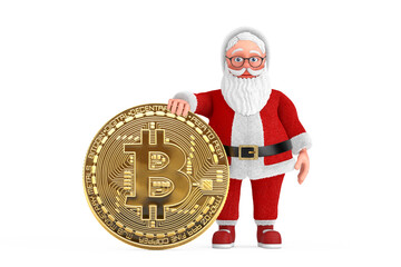 Poster - Cartoon Cheerful Santa Claus Granpa with Digital and Cryptocurrency Golden Bitcoin Coin. 3d Rendering