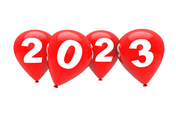 Poster - New Year Concept. Red Christmas Balloons with 2023 Sign. 3d Rendering