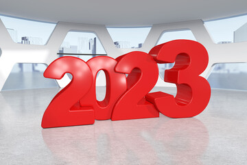 Aufkleber - Red New 2023 Year Sign in Abstract Bright Office Meeting Room. 3d Rendering