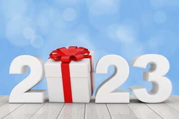 Poster - 2023 New Year Sign with Gift Box and Red Ribbon. 3d Rendering