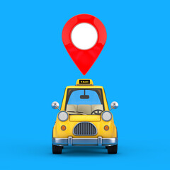 Fototapete - Yellow Cartoon Taxi Car with Red Map Pointer Pin. 3d Rendering