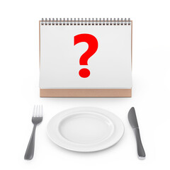 Fototapete - Desk Calendar with Question Mark near Fork, Knife and Empty Plate. 3d Rendering