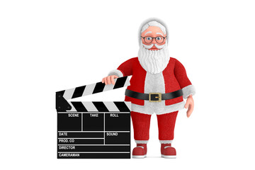 Aufkleber - Cartoon Cheerful Santa Claus Granpa with Movie Clapper Board. 3d Rendering