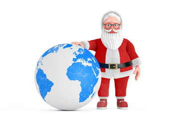 Poster - Cartoon Cheerful Santa Claus Granpa with Earth Globe. 3d Rendering